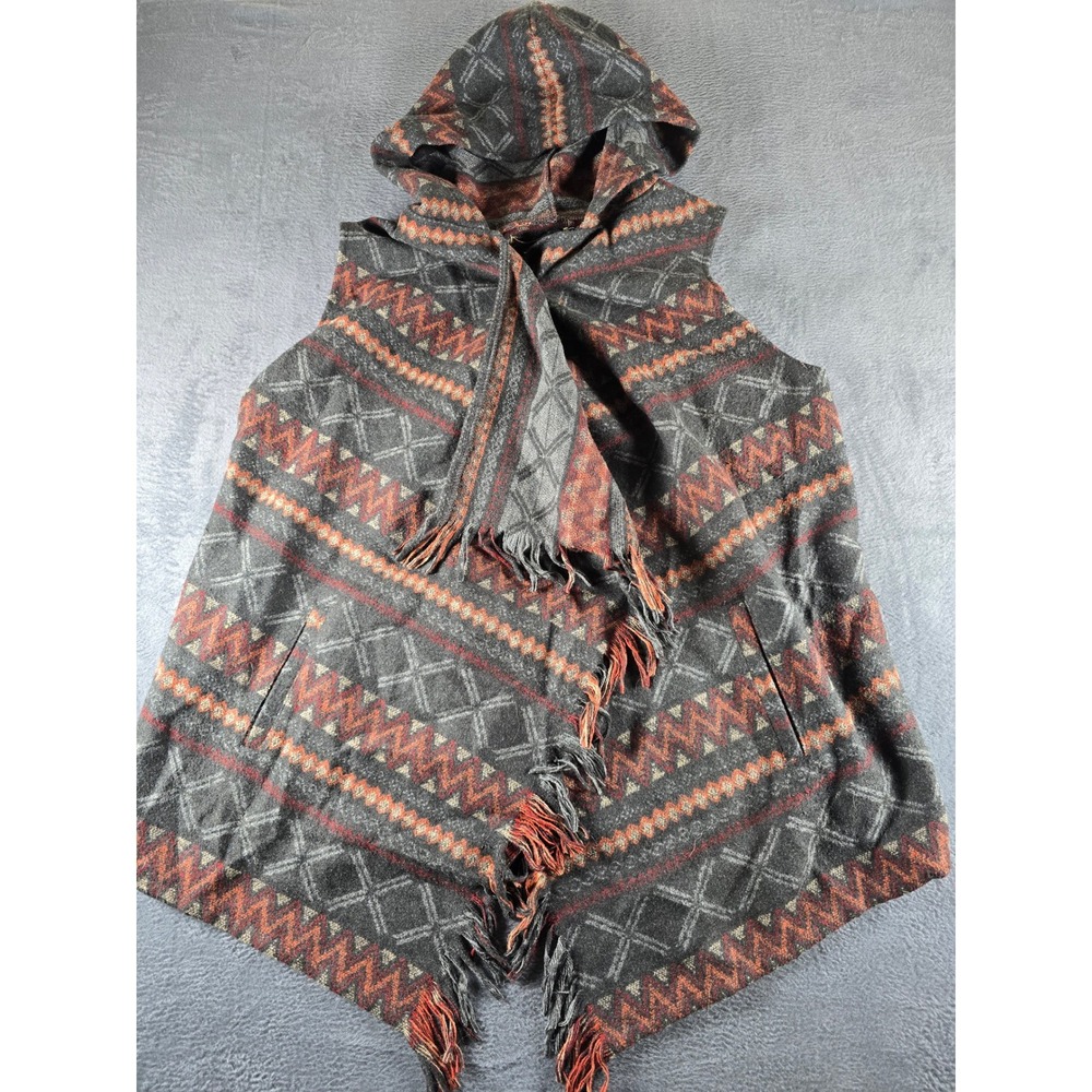 Democracy Womens Large Southwestern Hooded Fringe Vest Open Front Cardigan Gray
